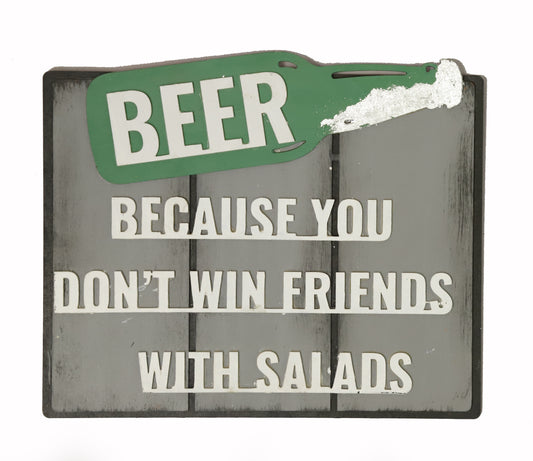 "Beer Because You Don't Win Friends With Salad" Wall Hanging - Grey