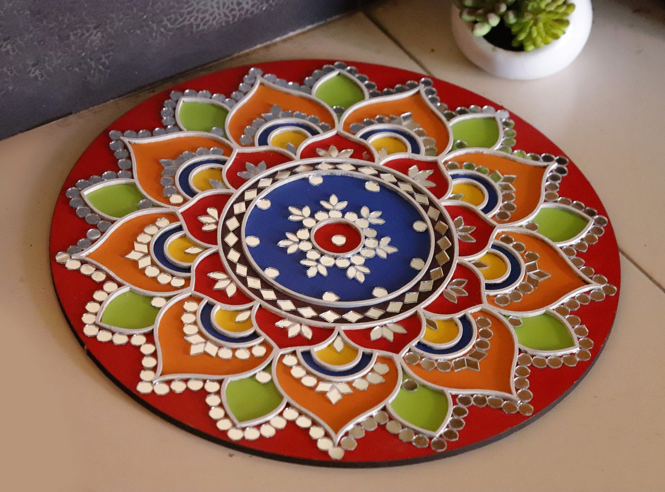 Mandala Hand-Painted Festive Rangoli With Mirror Work - Multi-Color